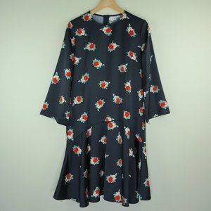 GANNI Black Floral Satin Drop Waist Long Trumpet Sleeve Midi Dress, Size 40